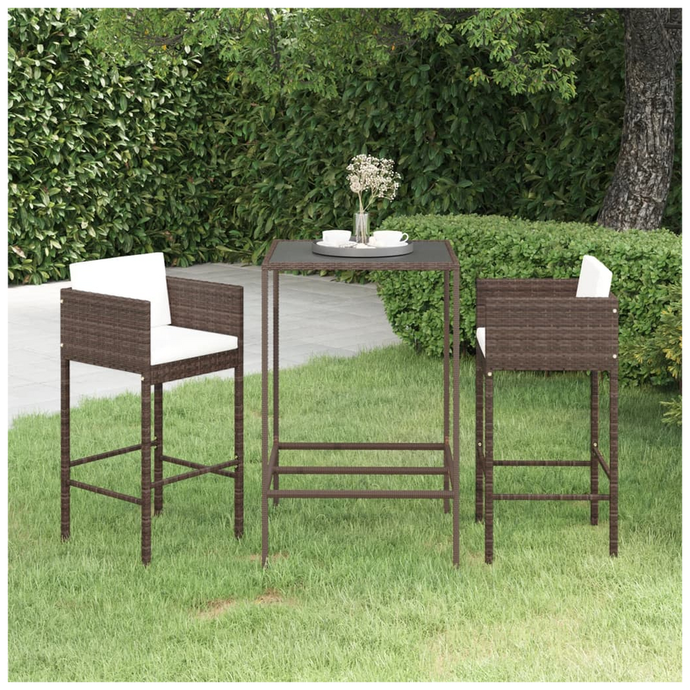 3 Piece Garden Bar Set with Cushions Poly Rattan Brown - anydaydirect