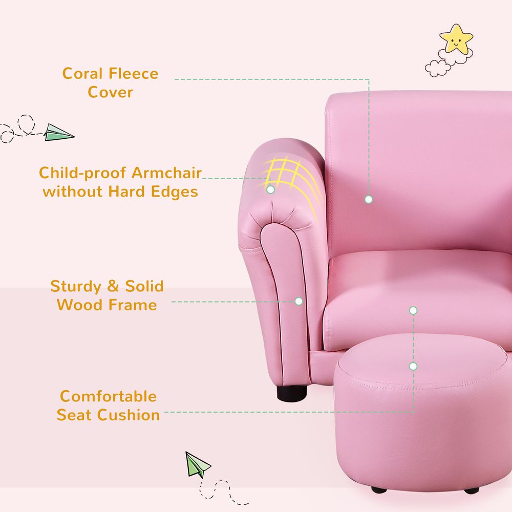 Kids Sofa Children Chair Seat Armchair W/Footstool Playroom Bedroom Pink - anydaydirect