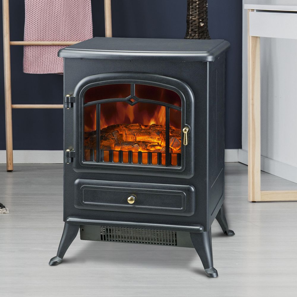 Electric Fire Place 1850W Heater Wood Burning Effect Flame Portable Black - anydaydirect