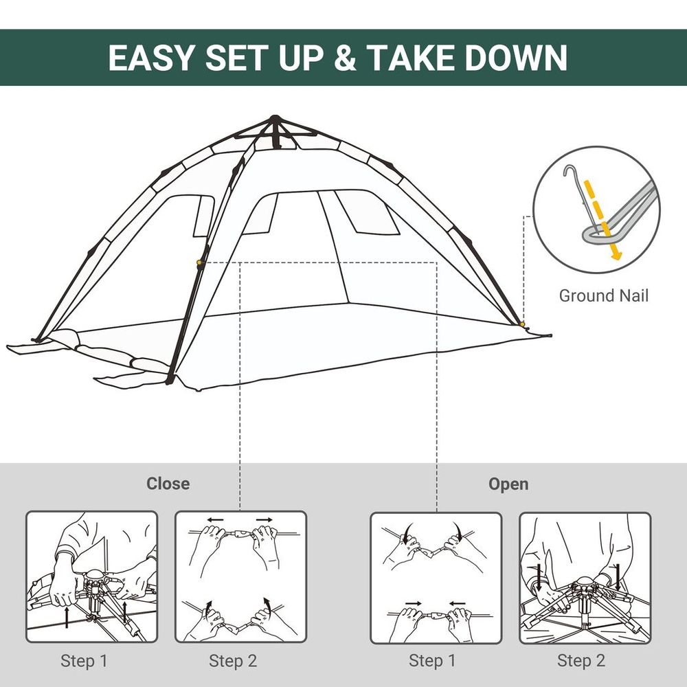 Outsunny 2 Man Pop-up Beach Tent Sun Shade Shelter Hut w/ Windows Door Green - anydaydirect