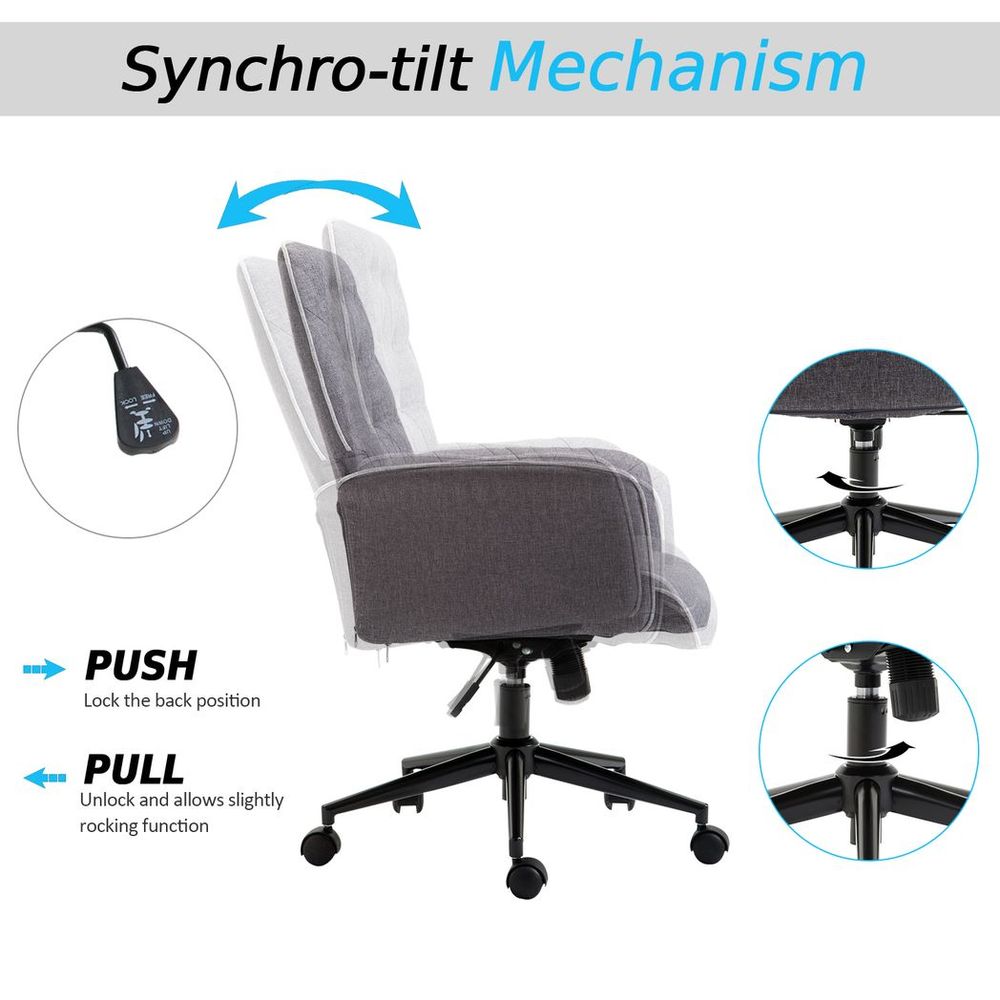 Office Chair Task Adjustable Height Mid Back Armrest Tilt Linen Grey - anydaydirect