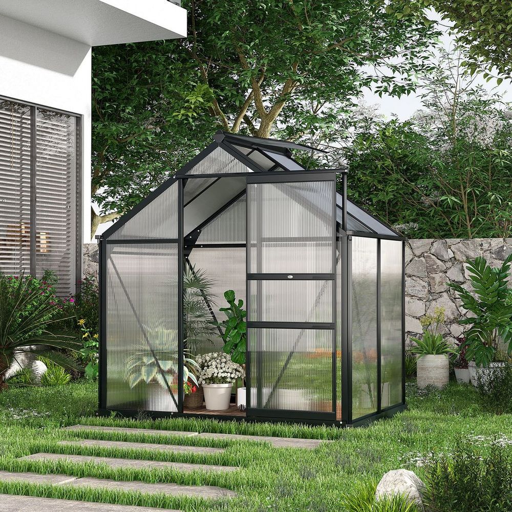 Polycarbonate Walk-In Garden Greenhouse Aluminium Frame w/ Slide Door 6 x 4ft - anydaydirect