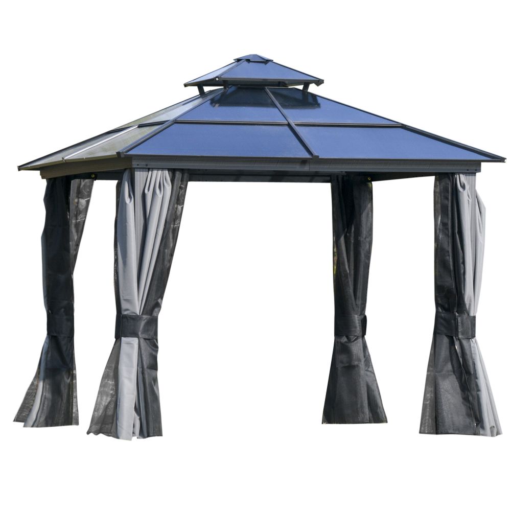 3x3m Hardtop Gazebo Canopy Double-Tier Steel Frame, Curtains & Net - anydaydirect