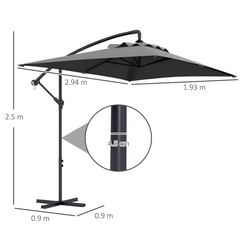 Outsunny 3 m Cantilever Parasol with Cross Base, Crank Handle, 6 Ribs, Grey - anydaydirect