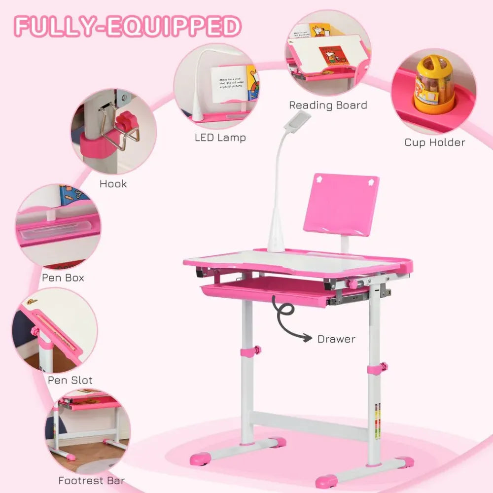 Kids Study Desk and Chair Set w/ Adjustable Height, Storage Drawer - Pink - anydaydirect