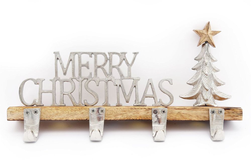 Silver Metal 4 Hook Christmas Stocking Hanger & Tree - anydaydirect