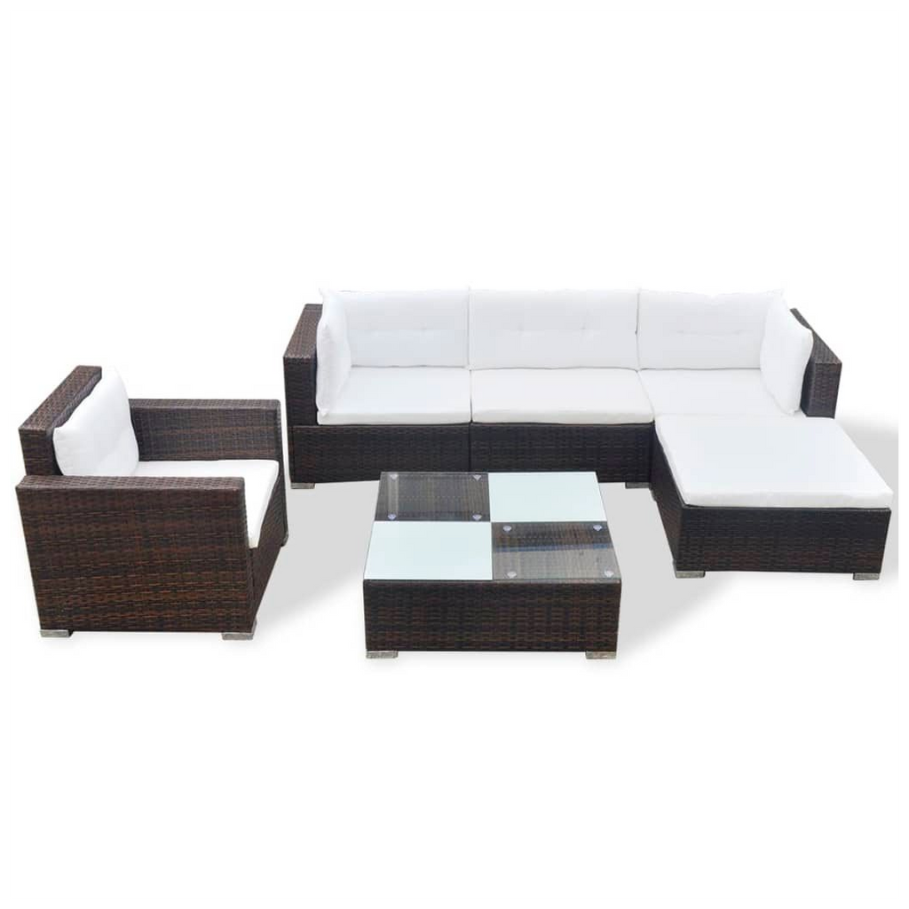 vidaXL 6 Piece Garden Lounge Set with Cushions Poly Rattan Brown - anydaydirect