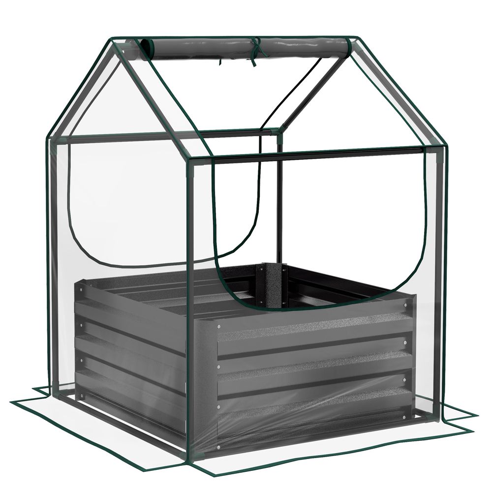 Outsunny Raised Garden Bed Planter Box with Greenhouse, Clear and Dark Grey - anydaydirect