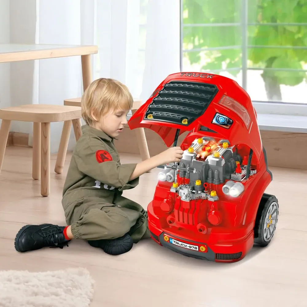 Kids Truck Engine Toy Set w/ Horn, Light, Car Key for 3-5 Years Old Red - anydaydirect