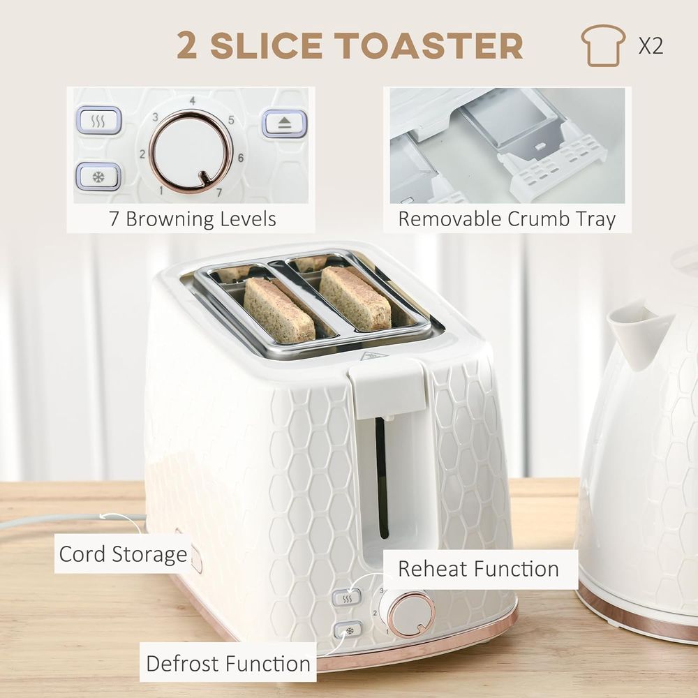 HOMCOM Kettle and Toaster Set 1.7L Fast Boil Kettle & 2 Slice Toaster Set White - anydaydirect