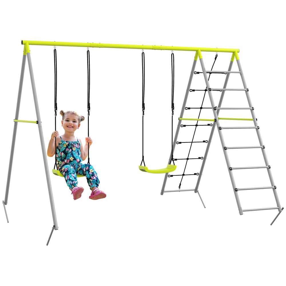 Outsunny 4-in-1 Metal Kids Swing Set with Double Swings, Climber, Climbing Net - anydaydirect