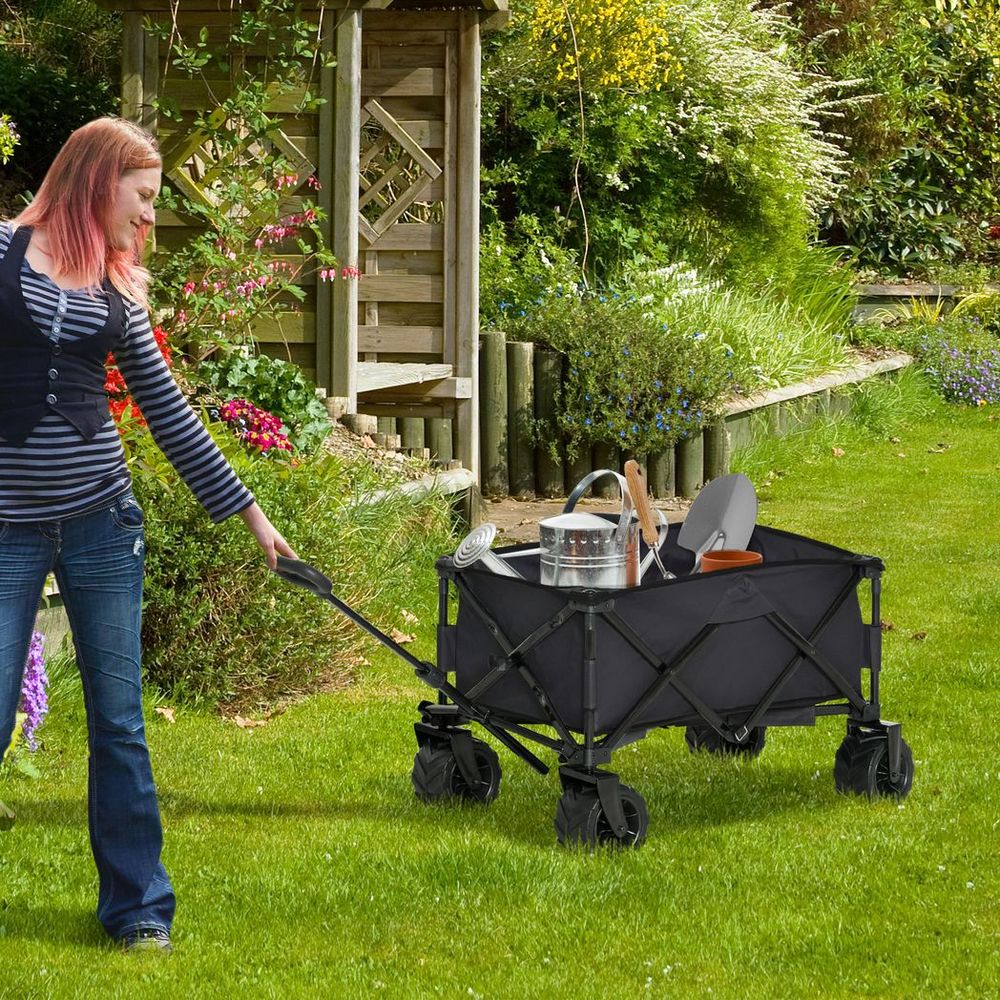Outsunny Outdoor Pull Along Garden Trolley on Wheels Folding Beach Cart Black - anydaydirect