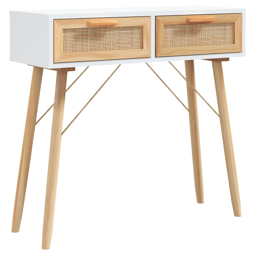 Console Table White 80x30x75 cm Solid Wood Pine&Natural Rattan - anydaydirect