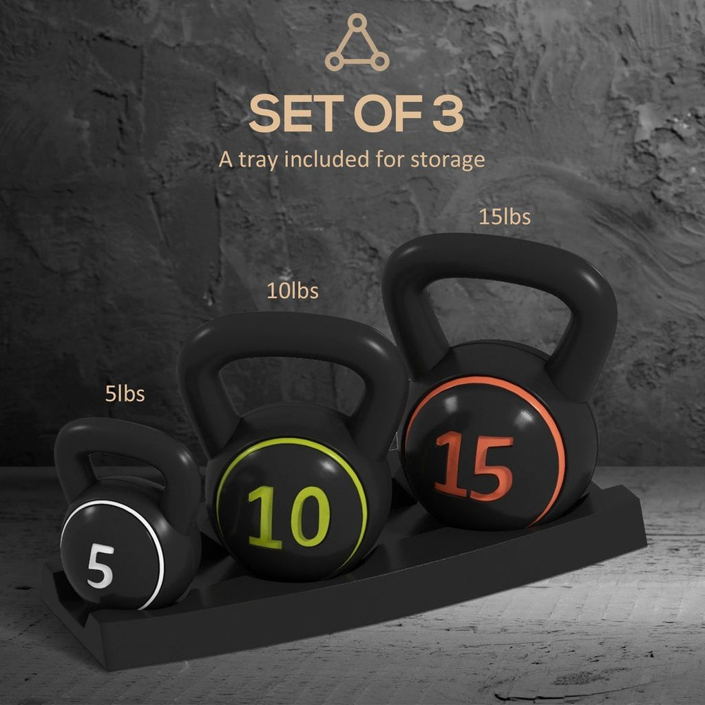 SPORTNOW Set of Three Kettlebell Weights with Storage Tray, 2.2kg, 4.5kg, 6.8kg - anydaydirect