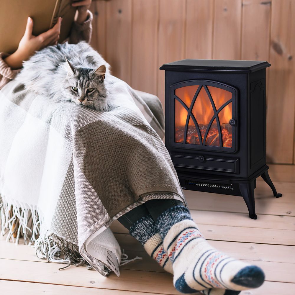 1850W Flame Effect Electric Free Standing Fireplace Fan Log Burning Stove -Black - anydaydirect