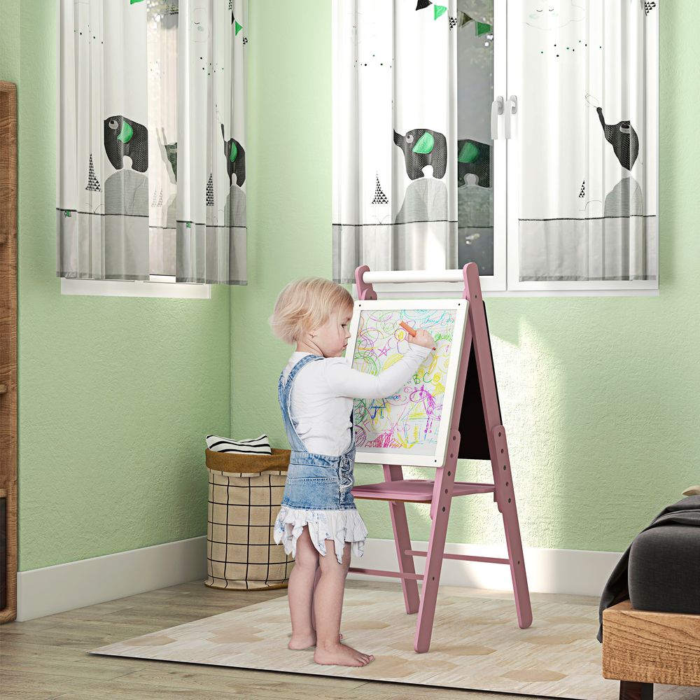 Art Easel for Kids, Double-Sided Whiteboard Chalkboard w/ Paper Roll - Pink - anydaydirect