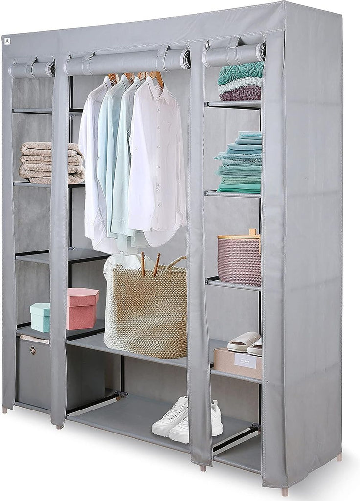 Knight Triple Canvas Portable Large Free Standing Wardrobe Shelving Clothes Storage with Hanging Rail and Cubic Drawer (1pc Included) - L 150cm x W 45cm x H 175cm - Grey - anydaydirect