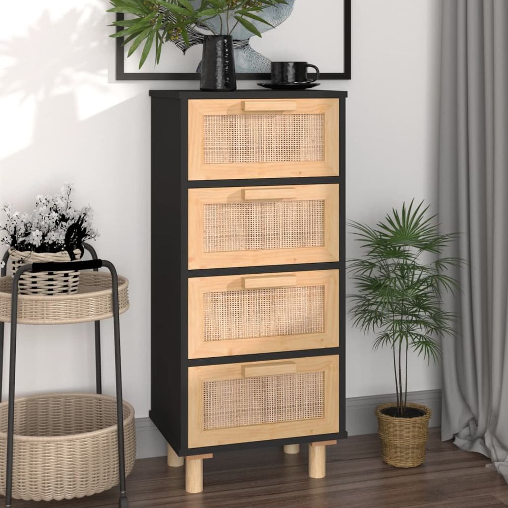 Sideboard White 40x30x90 cm Solid Wood Pine and Natural Rattan - anydaydirect