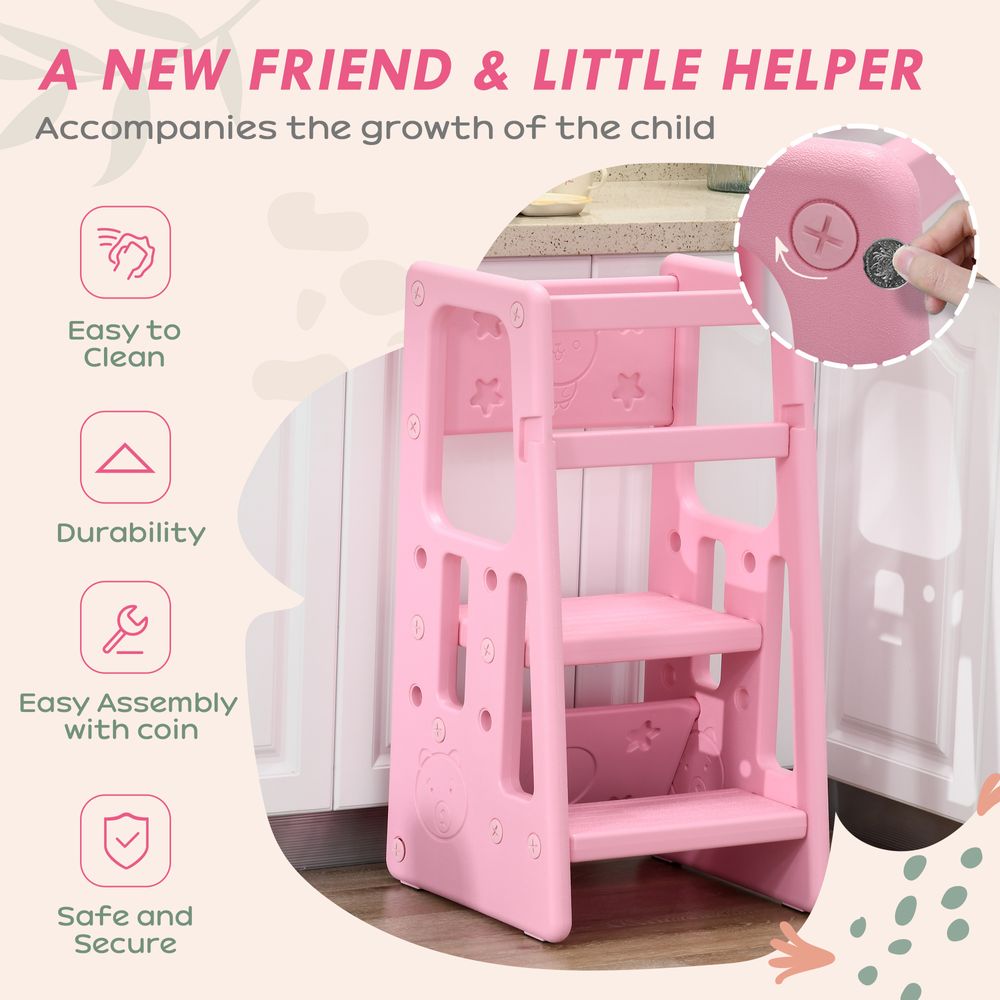 Kids Step Stool, Adjustable Standing Platform, Toddler Kitchen Stool - Pink - anydaydirect