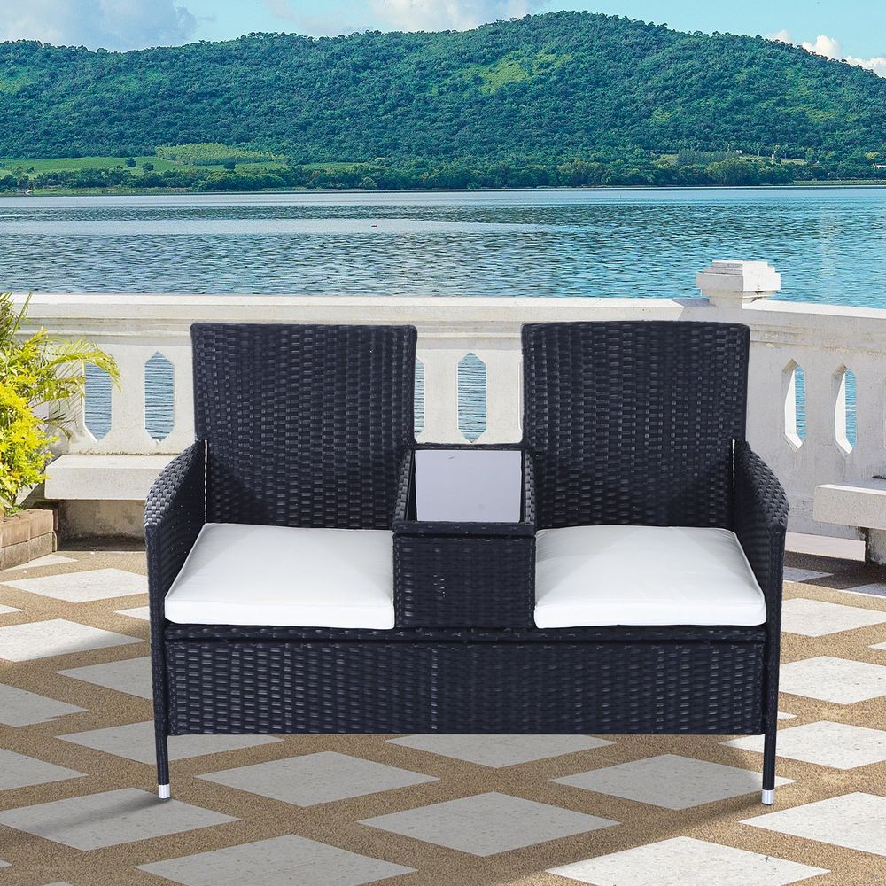 2-Seater PE Rattan Outdoor Garden Bench w/ Centre Table - anydaydirect