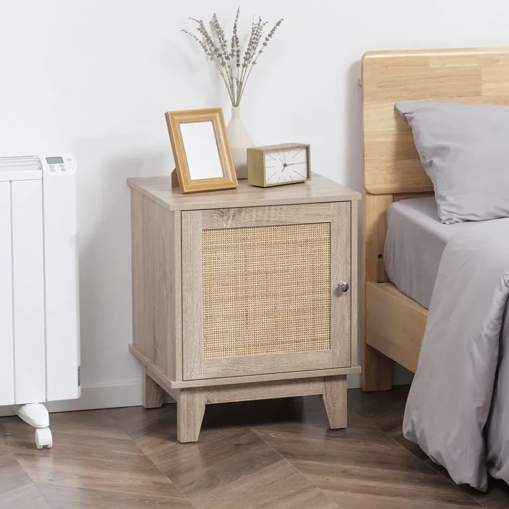 Nightstand, Bedside Table with Storage Cupboard, End Table with Rattan Element - anydaydirect