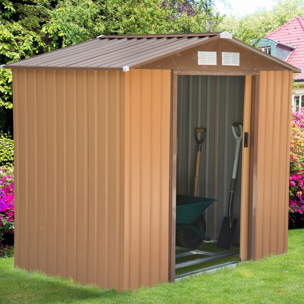 Lockable Garden Shed Large Patio Roofed Tool Metal Storage  Sheds Box Khaki - anydaydirect
