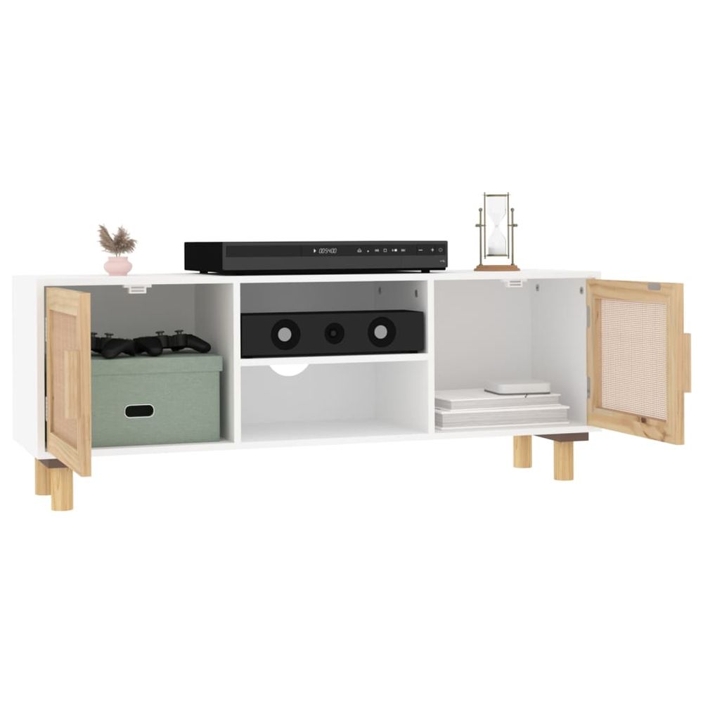 TV Cabinet White 105x30x40 cm Solid Wood Pine&Natural Rattan - anydaydirect