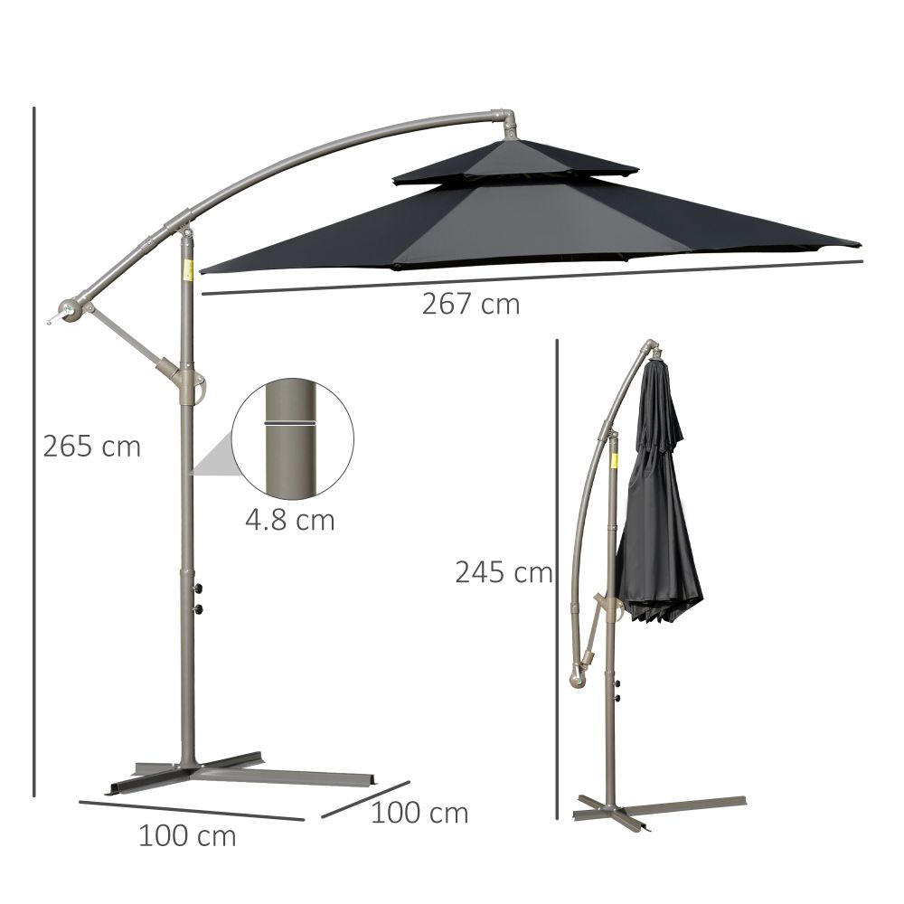 2.7m Banana Parasol Cantilever Handle, Cross BaseBlack - anydaydirect