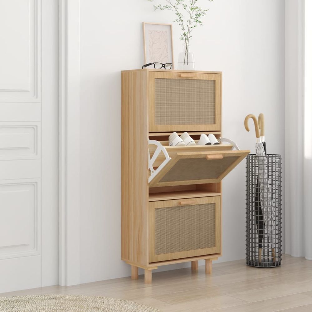 Shoe Cabinet Black 52x25x115 cm Engineered Wood&Natural Rattan - anydaydirect