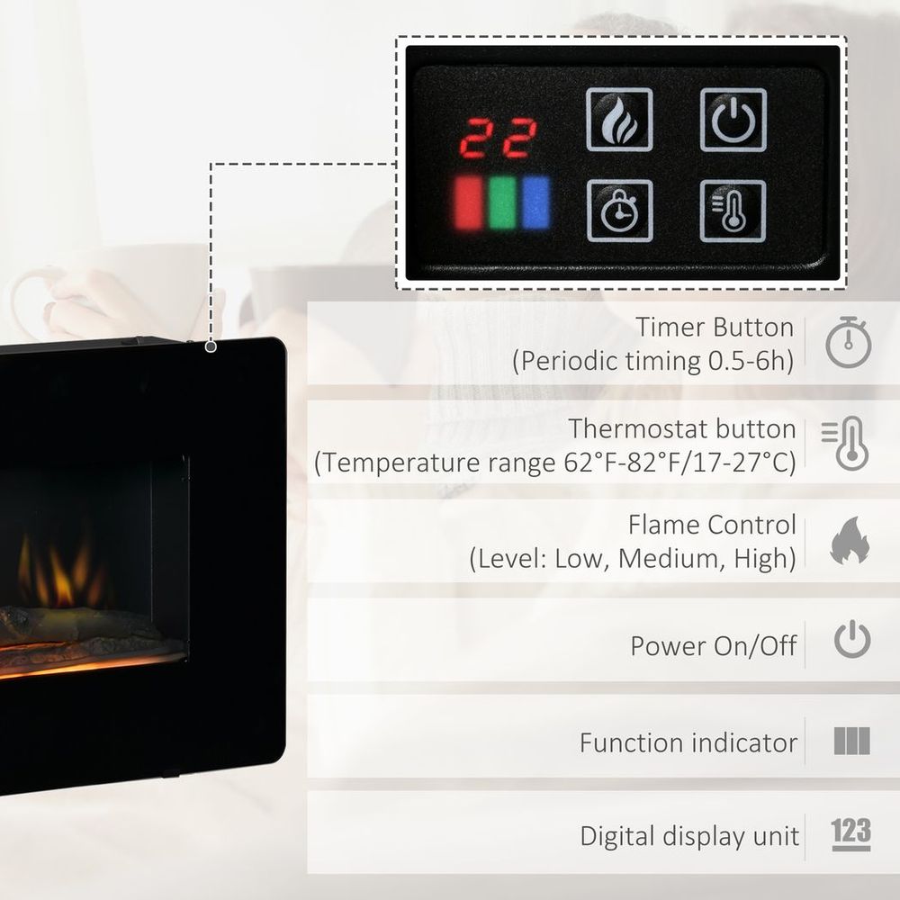 HOMCOM Electric Fireplace Heater Wall-Mount W/ Flame Effect Remote Control Timer - anydaydirect