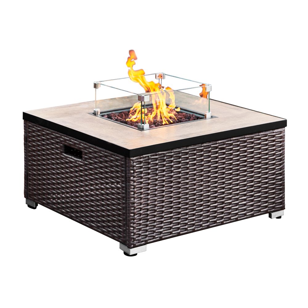 Outdoor Garden Rattan Gas Fire Pit Table with Screen, Rocks & Cover - anydaydirect