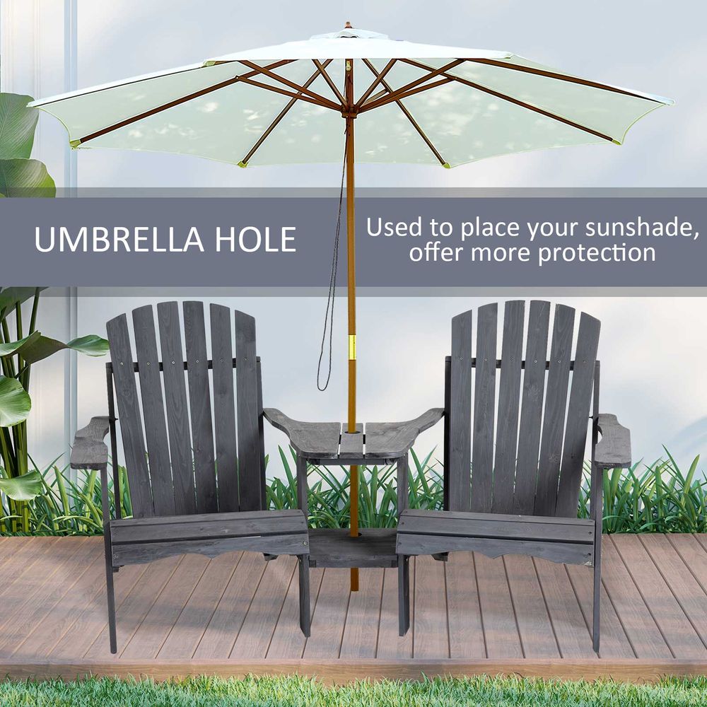 Wooden Double Adirondack Chairs Loveseat & Center Table & Umbrella Hole, Grey - anydaydirect