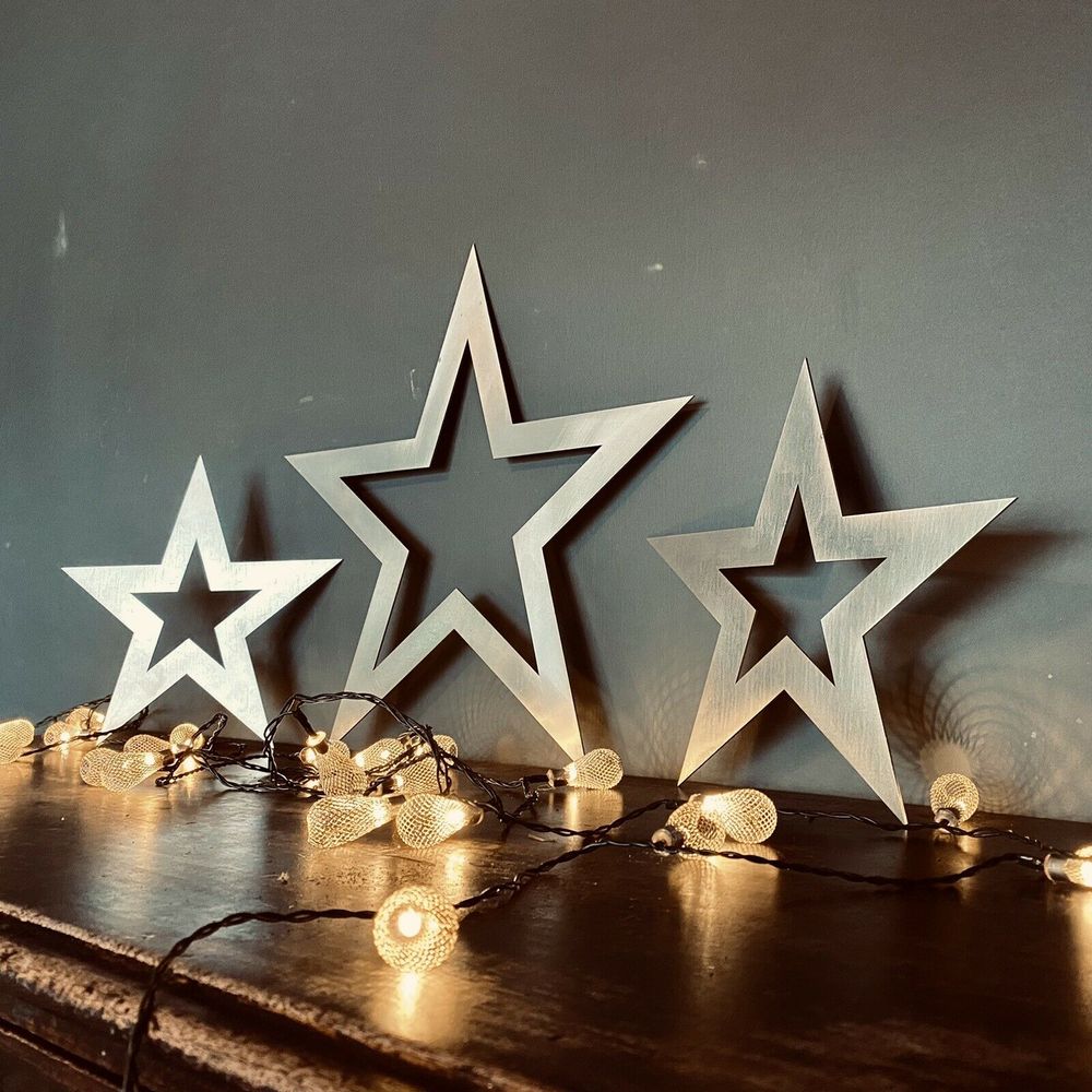 3 X Steel Stars  Christmas Decorations Vintage Style Decor Metal - anydaydirect