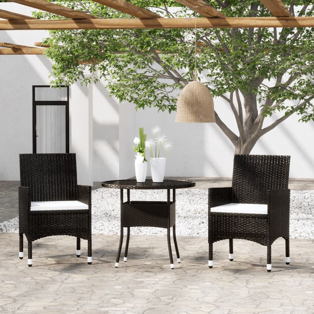 3 Piece Garden Bistro Set Poly Rattan and Tempered Glass Black - anydaydirect