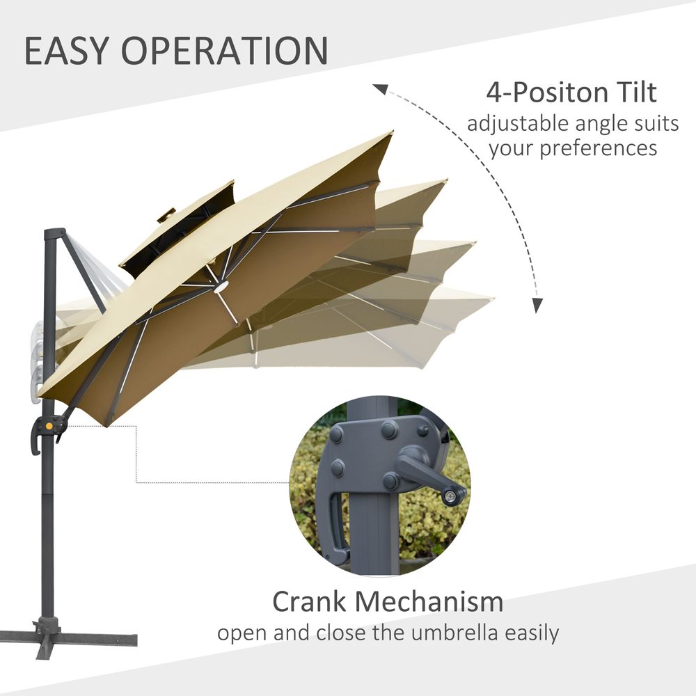 3m Cantilever Patio Umbrella, Solar LED Lighted Crank Handle Khaki - anydaydirect