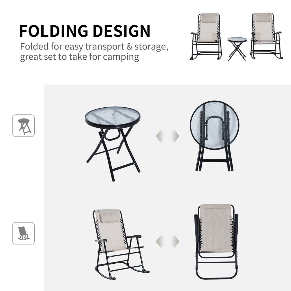 3 Piece Rocking Bistro Set, 2 Folding Chairs & 1 Tempered Glass Table, Beige - anydaydirect