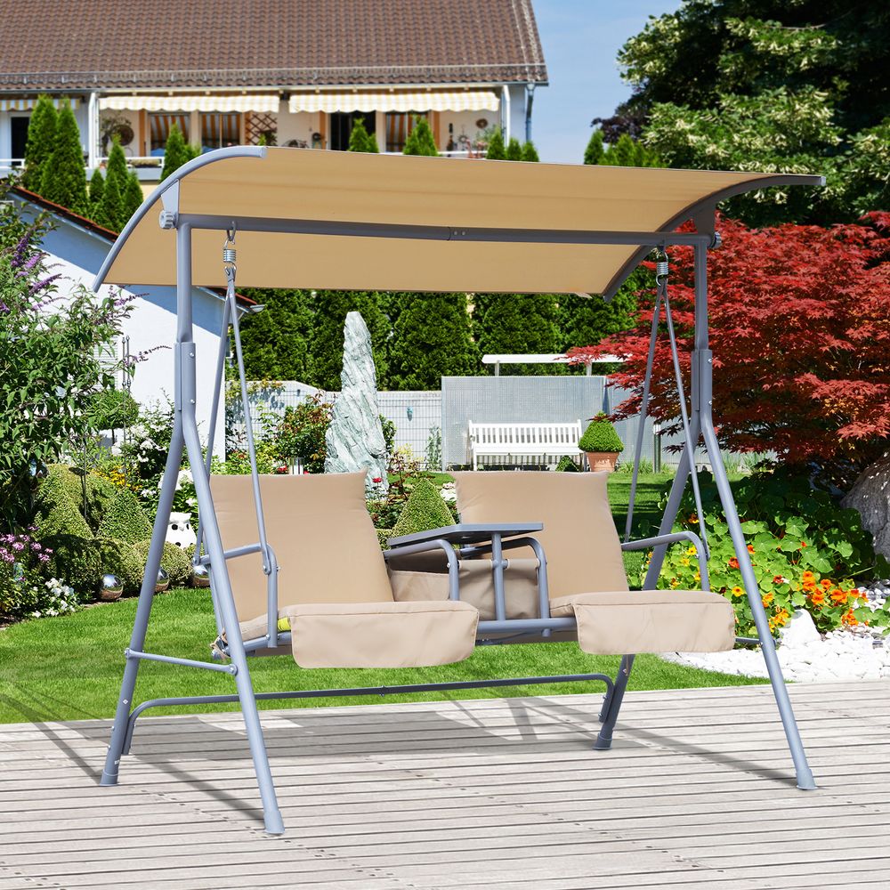 Outsunny Outdoor Love Seat Swing Chair, Steel-Beige - anydaydirect