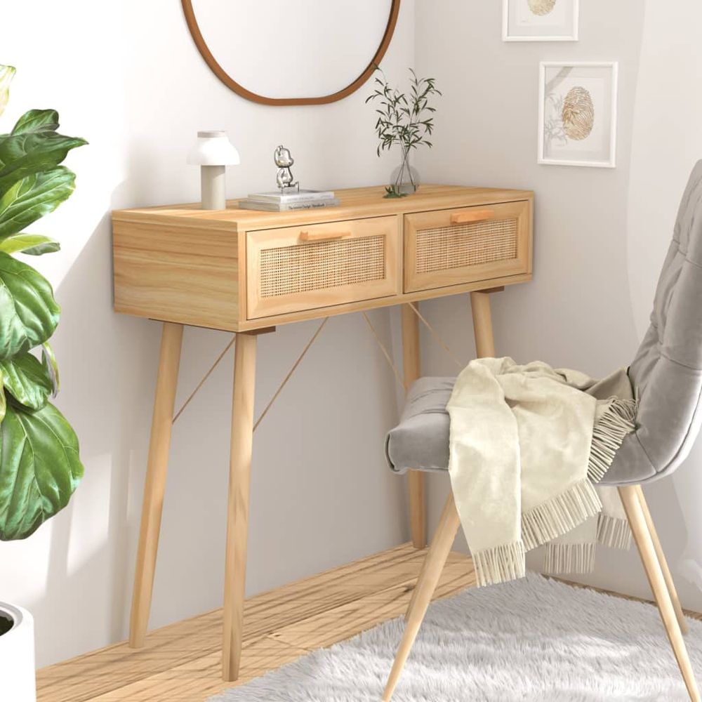 Console Table White 80x30x75 cm Solid Wood Pine&Natural Rattan - anydaydirect