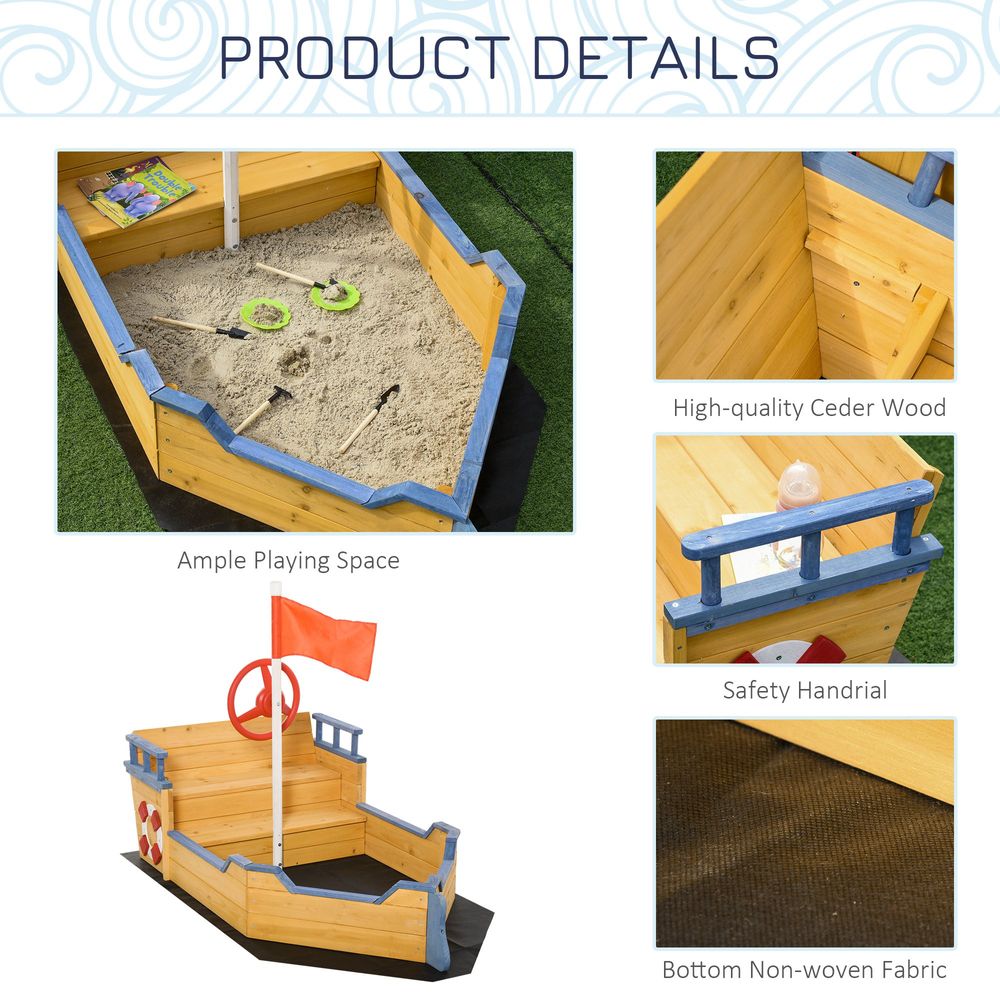 Kids Wooden Sandbox Pirate Ship Sandboat w/ Bench Seat Storage Space - anydaydirect