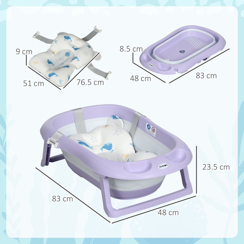 Foldable Baby Bathtub w/ Non-Slip Support Legs, Cushion, Shower Holder - Purple - anydaydirect