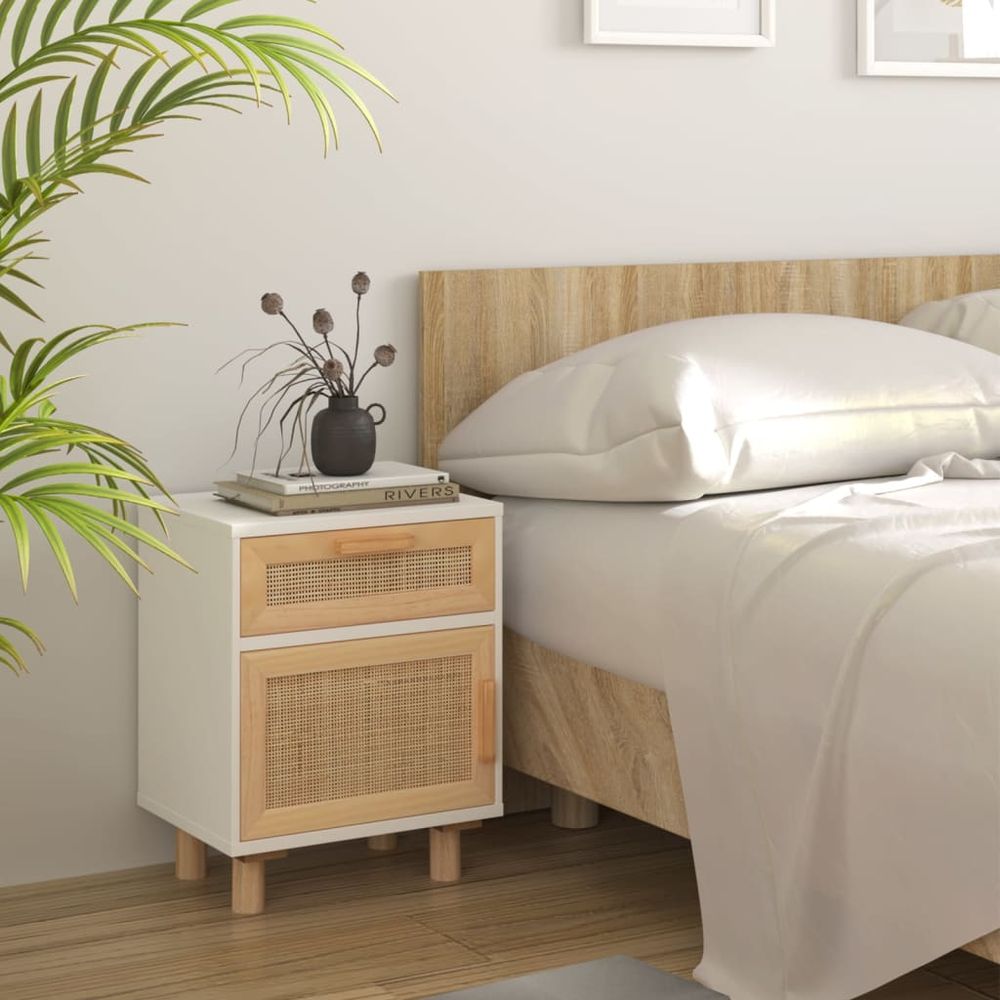 Bedside Cabinet White Solid Wood Pine and Natural Rattan - anydaydirect