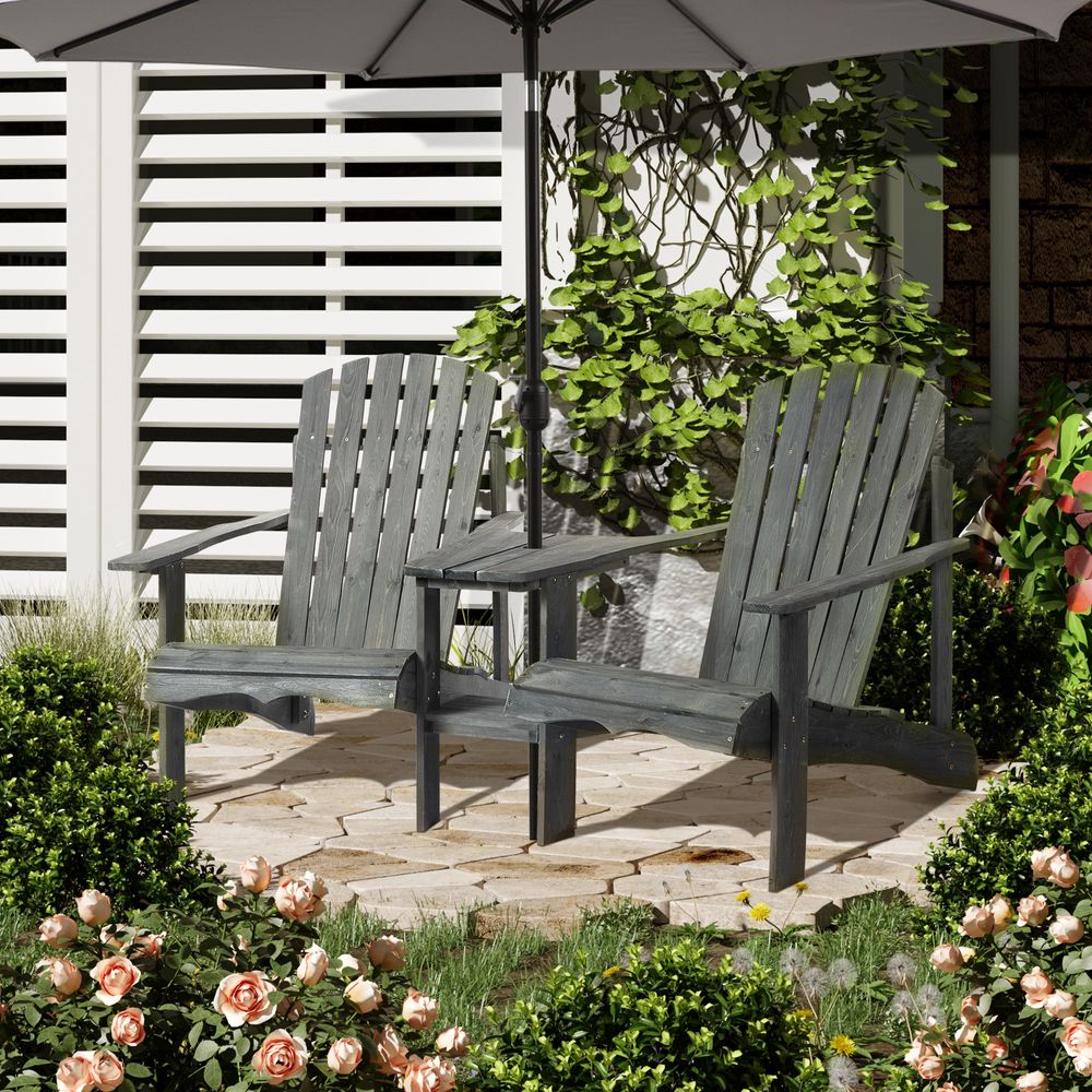 Wooden Double Adirondack Chairs Loveseat & Center Table & Umbrella Hole, Grey - anydaydirect