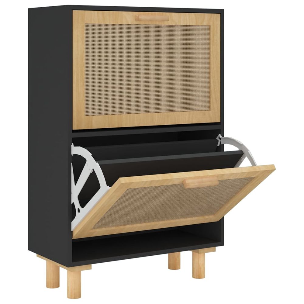 Shoe Cabinet Black 52x25x80 cm Engineered Wood&Natural Rattan - anydaydirect