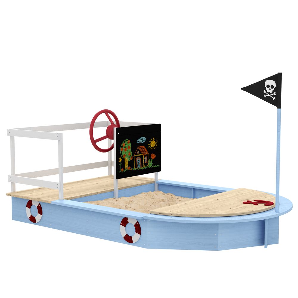 Outsunny Sand Pit with Blackboard, Flag, Storage Deck for Outdoor Play, Blue - anydaydirect