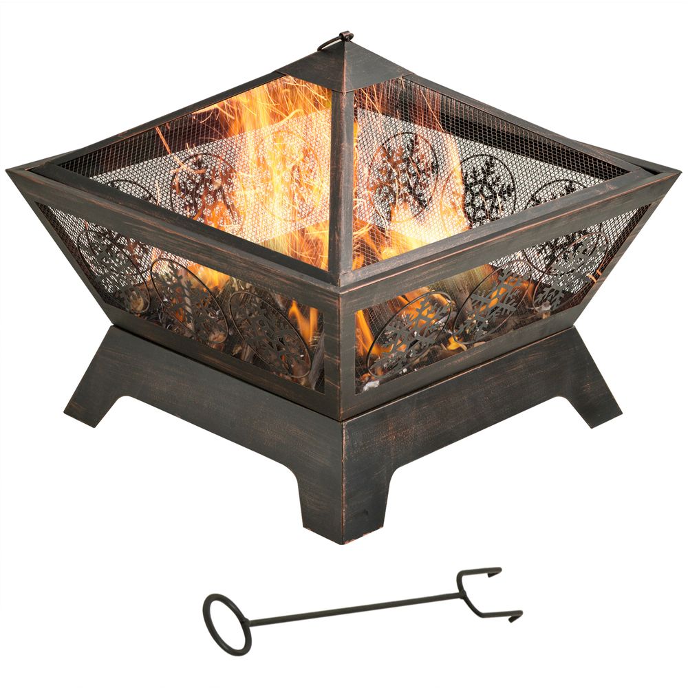 Outdoor Fire Pit with Spark Screen Cover Poker for Camping Picnic - anydaydirect