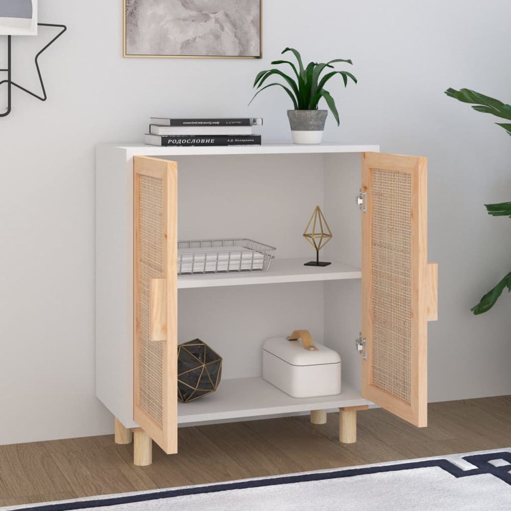 Sideboard White 60x30x70 cm Solid Wood Pine and Natural Rattan - anydaydirect