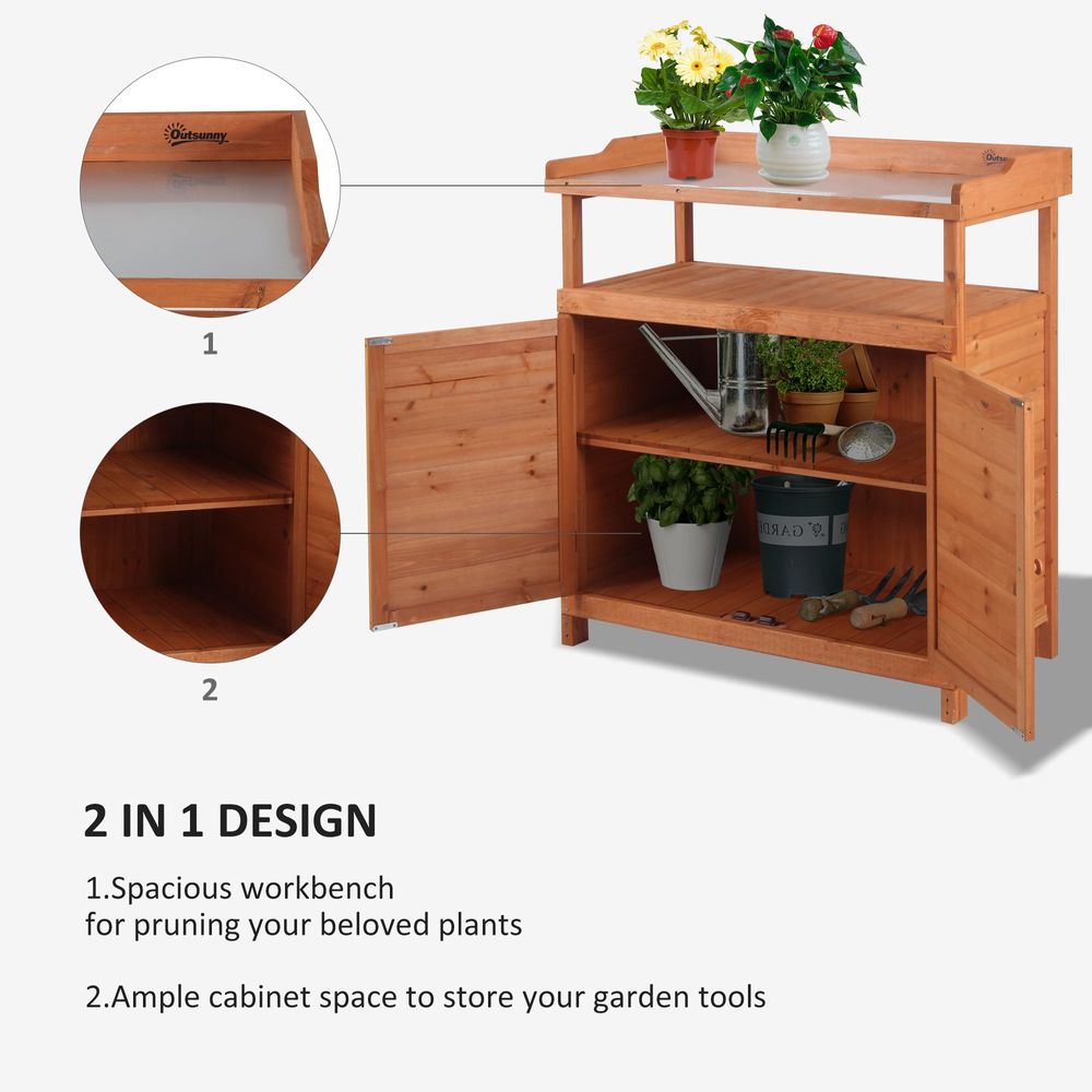 Multi-function Potting Bench Table w/ Storage Cabinet, Planting Workstation w/ Galvanized Table Top and Garden Shed, 98cm x 47cm x 105cm - anydaydirect