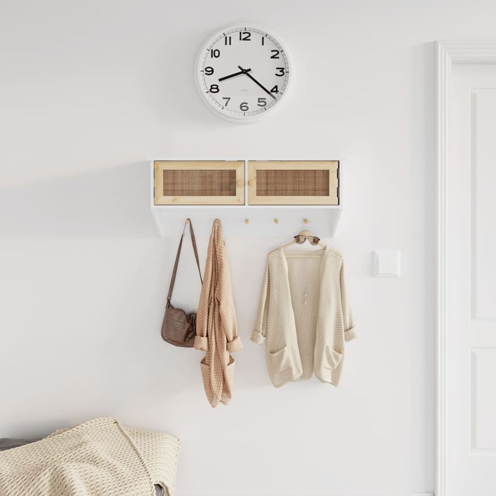 Wall-mounted Coat Rack White Engineered Wood and Natural Rattan - anydaydirect
