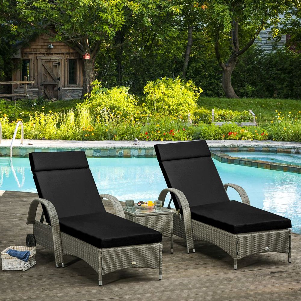 Set of 2 Lounger Cushions Deep Seat Patio Cushions with Ties Black - anydaydirect
