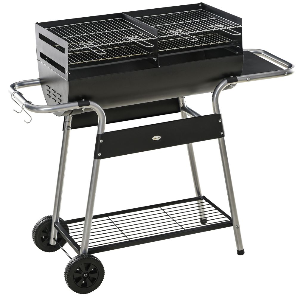 Outsunny Charcoal BBQ Grill with Double Grill, Table, Storage Shelf and Wheels - anydaydirect